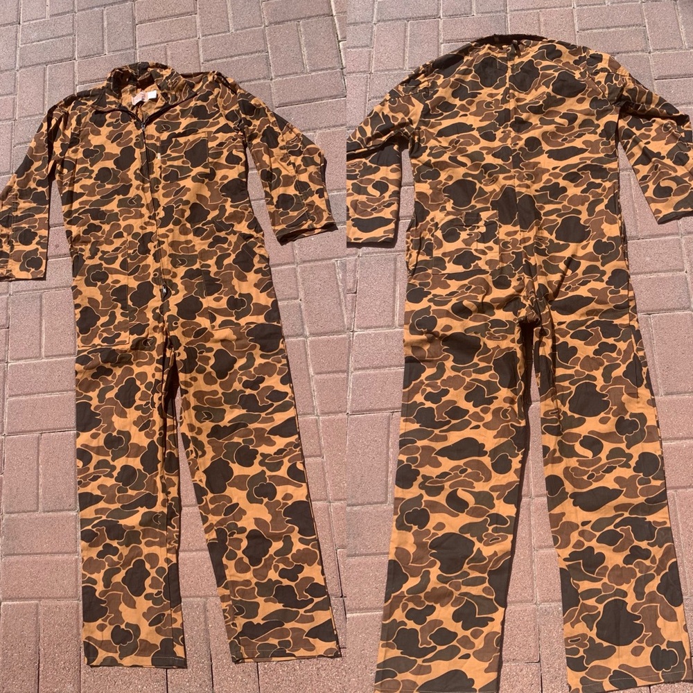 Insanely Good Vintage 70s Saftbak Orange Tan Brown Cotton Camo Jumpsuit